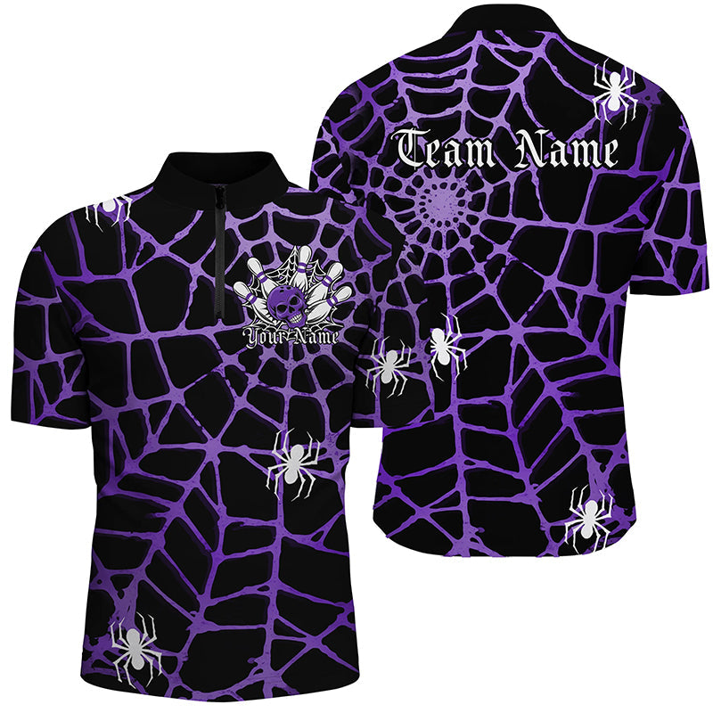 Black And Purple Spider Net Custom Halloween Bowling Shirts For Men, Halloween Bowlers Outfits IPHW7409