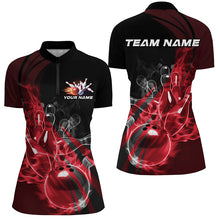 Load image into Gallery viewer, Black And Red Custom Flame Bowling Team Shirts For Women, Bowling Polo Bowling League Shirt IPHW7417