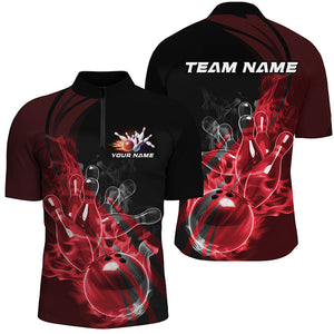 Black And Red Custom Flame Bowling Team Shirts For Men, Bowling Polo Bowling League Shirts IPHW7417