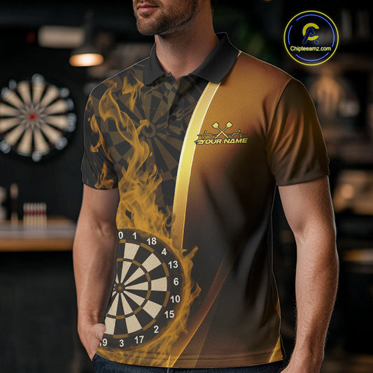 Custom Black And Gold Flame Dartboard Dart Team Men Polo Shirt, Fire Dart Jersey IPHW9991