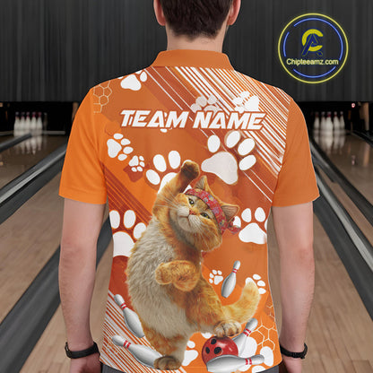 Custom Funny Orange Cat Bowling Men Polo Shirt, Cute Team Cat Paw Bowling Shirt IPHW10101