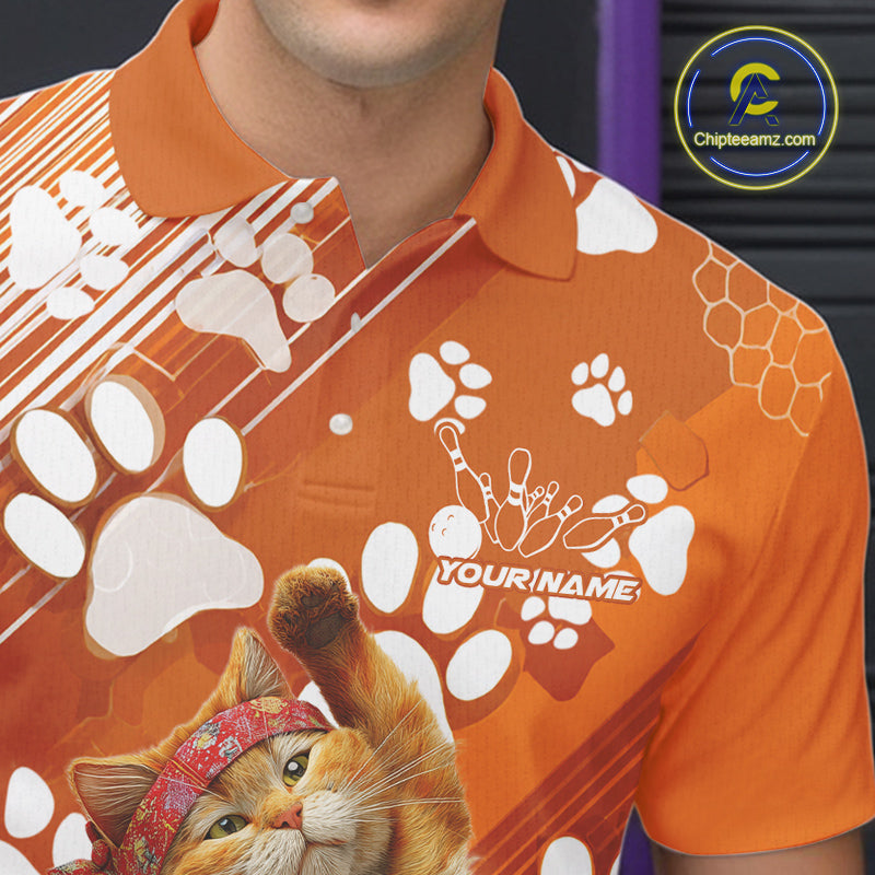 Custom Funny Orange Cat Bowling Men Polo Shirt, Cute Team Cat Paw Bowling Shirt IPHW10101