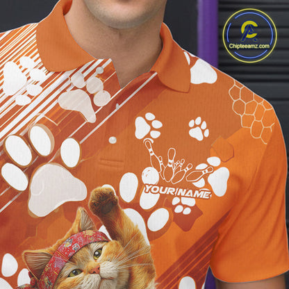 Custom Funny Orange Cat Bowling Men Polo Shirt, Cute Team Cat Paw Bowling Shirt IPHW10101