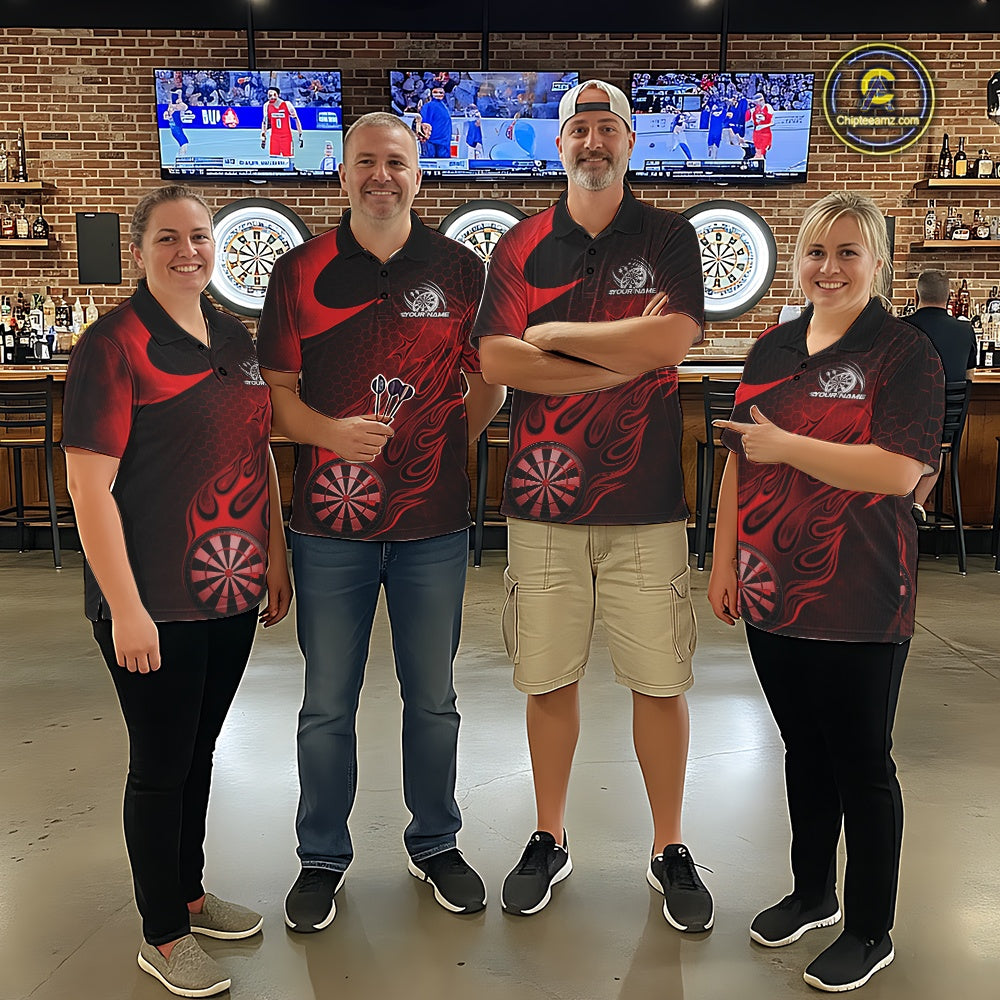 Custom Black And Red Flame Dartboard Darts Team Shirts, Dart Tournament Outfits Dart Jerseys For Players IPHW10410