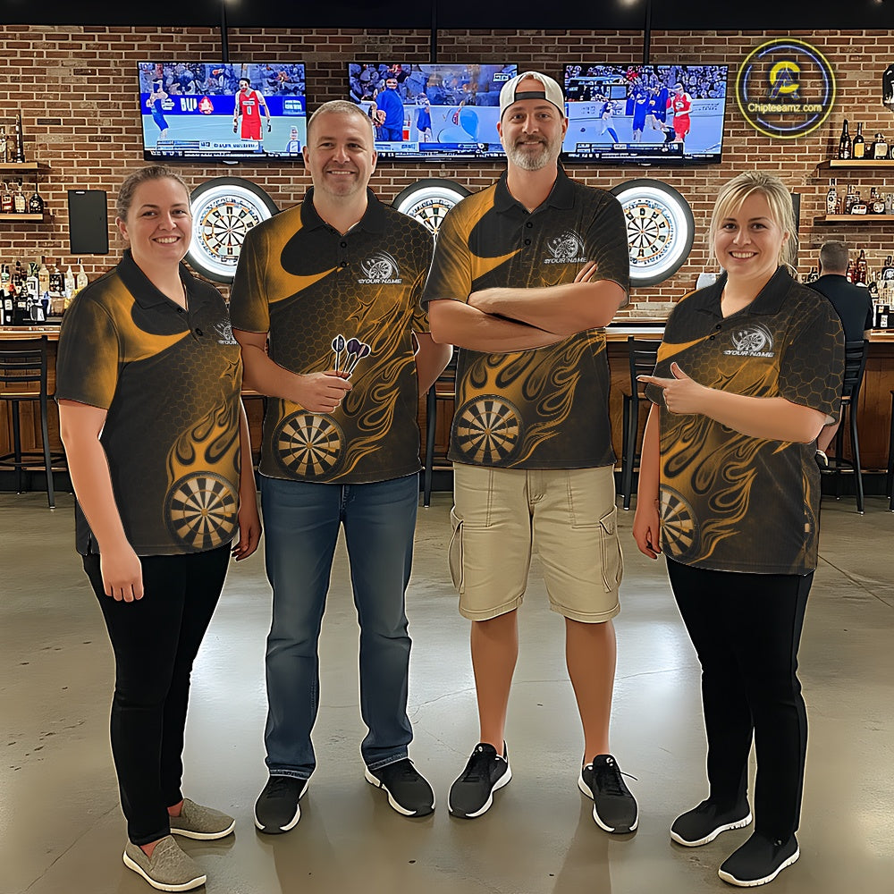 Custom Black And Yellow Flame Dartboard Darts Team Shirts, Dart Tournament Outfits Dart Jerseys For Players IPHW10413