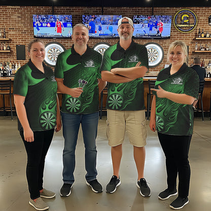 Custom Black And Green Flame Dartboard Darts Team Shirts, Dart Tournament Outfits Dart Jerseys For Players IPHW10414