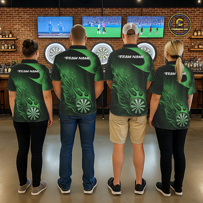 Custom Black And Green Flame Dartboard Darts Team Shirts, Dart Tournament Outfits Dart Jerseys For Players IPHW10414