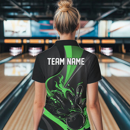 Custom Black And Green Flame Bowling Polo Shirts For Women, Fire Bowling Team Shirt IPHW8540