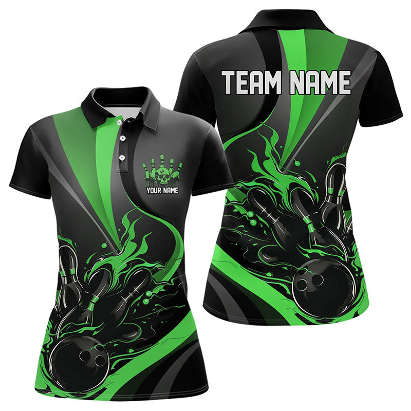 Custom Black And Green Flame Bowling Polo Shirts For Women, Fire Bowling Team Shirt IPHW8540