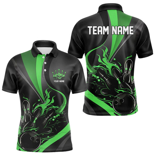 Custom Black And Green Flame Bowling Polo Shirts For Men, Fire Bowling Team Shirt IPHW8540
