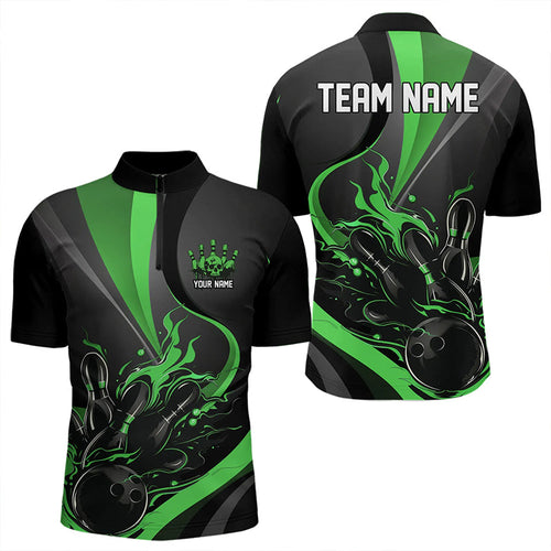 Custom Black And Green Flame Bowling Quarter-Zip Shirts For Men, Fire Bowling Team Shirt IPHW8540
