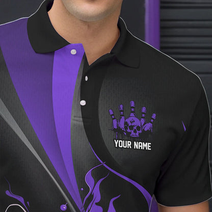 Custom Black And Purple Flame Bowling Polo Shirts For Men, Fire Bowling Team Shirt IPHW8541