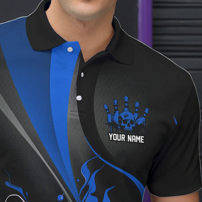 Custom Black And Blue Flame Bowling Polo Shirts For Men, Fire Bowling Team Shirt IPHW8542
