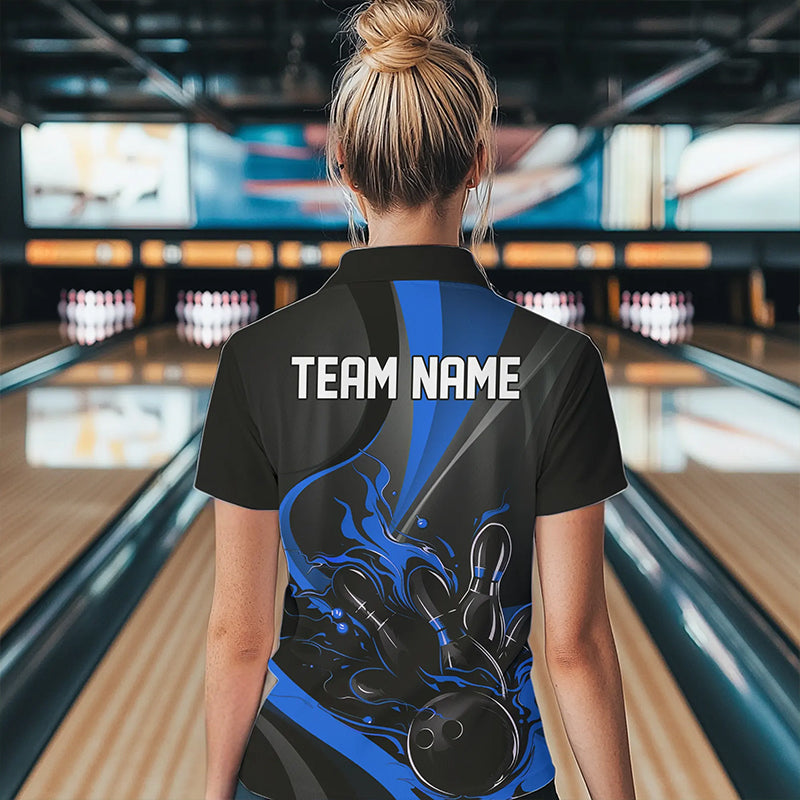 Custom Black And Blue Flame Bowling Polo Shirts For Women, Fire Bowling Team Shirt IPHW8542