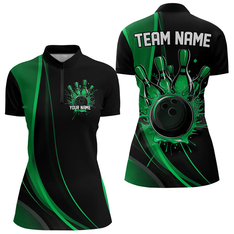 Custom Black And Green Bowling Quarter-Zip Shirts For Women, Bowling Tournament Team Shirts IPHW8543