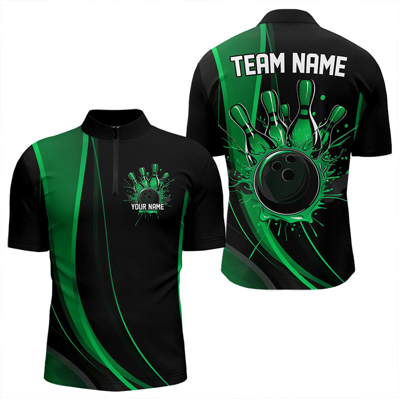 Custom Black And Green Bowling Quarter-Zip Shirts For Men, Bowling Tournament Team Shirts IPHW8543