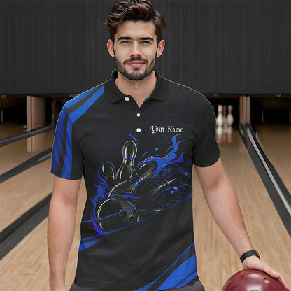 Custom Black And Blue Flame Bowling Polo Shirts For Men, Bowling Tournament Team Shirts IPHW8544