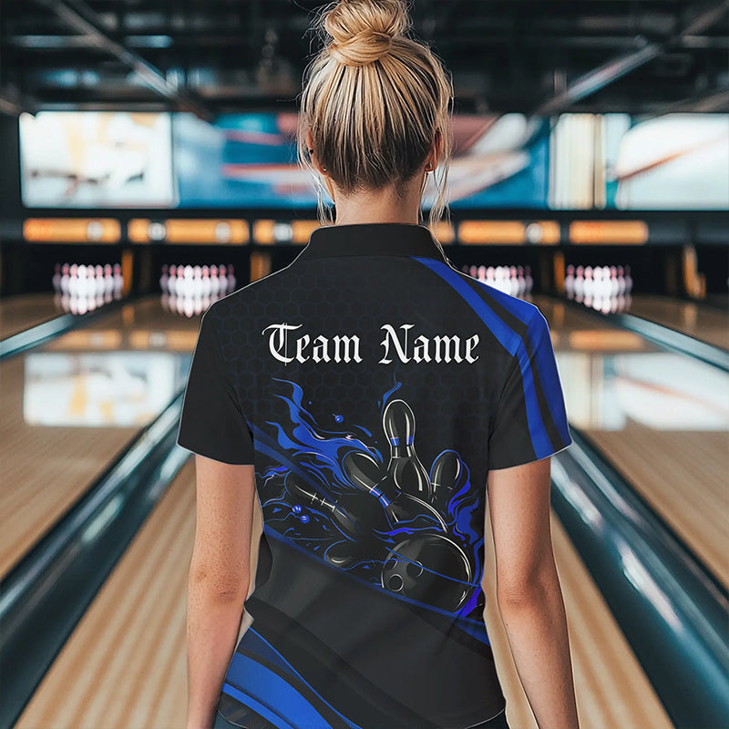 Custom Black And Blue Flame Bowling Polo Shirts For Women, Bowling Tournament Team Shirts IPHW8544