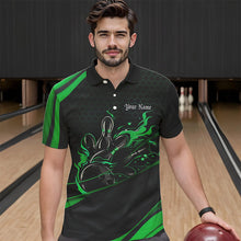 Load image into Gallery viewer, Custom Black And Green Flame Bowling Polo Shirts For Men, Bowling Tournament Team Shirts IPHW8545