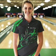 Load image into Gallery viewer, Custom Black And Green Flame Bowling Polo Shirts For Women, Bowling Tournament Team Shirts IPHW8545
