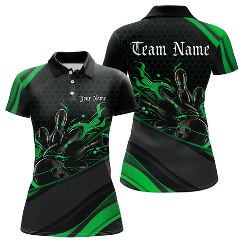 Custom Black And Green Flame Bowling Polo Shirts For Women, Bowling Tournament Team Shirts IPHW8545