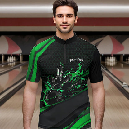 Custom Black And Green Flame Bowling Quarter-Zip Shirts For Men, Bowling Tournament Team Shirts IPHW8545