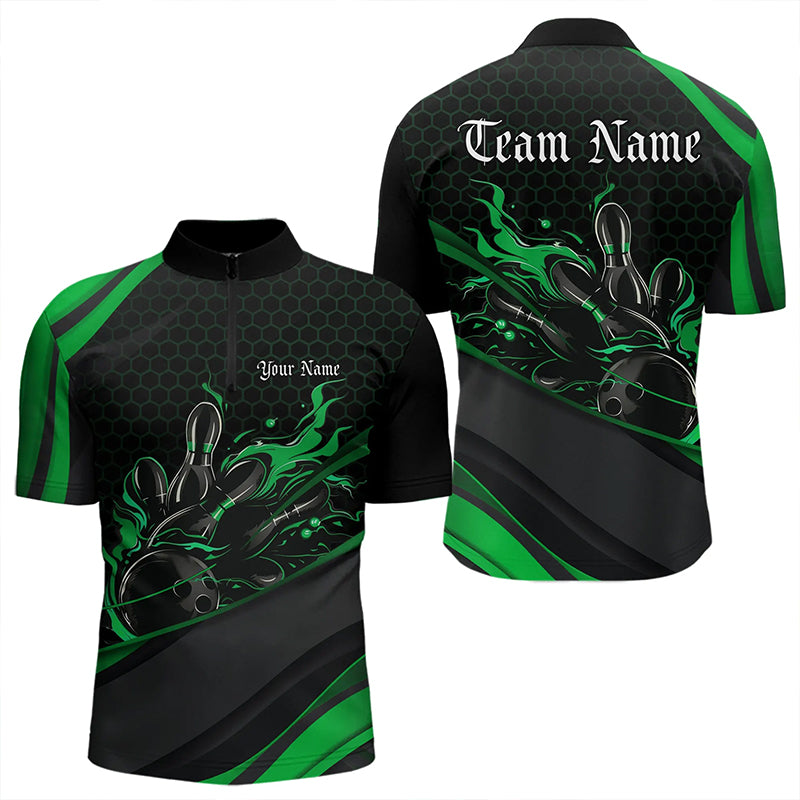 Custom Black And Green Flame Bowling Quarter-Zip Shirts For Men, Bowling Tournament Team Shirts IPHW8545