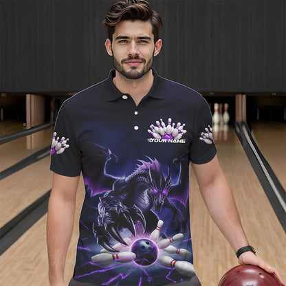 Custom Black And Purple Dragon Bowling Team Polo Shirts For Men, Dragon Bowling League Shirt IPHW8548