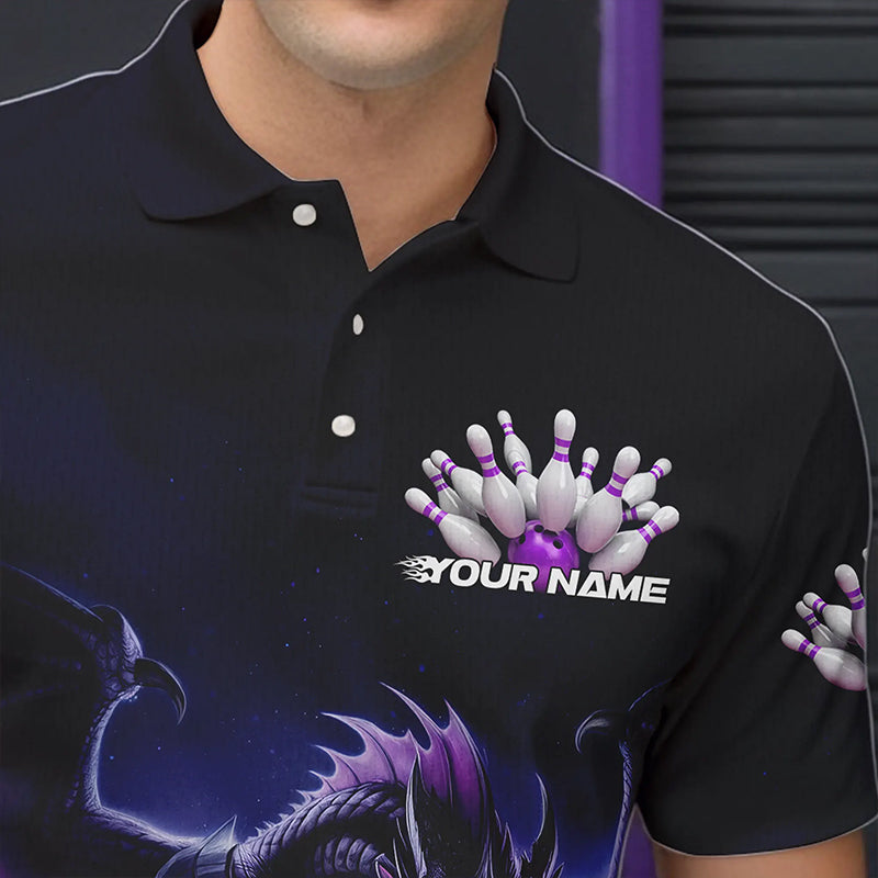 Custom Black And Purple Dragon Bowling Team Polo Shirts For Men, Dragon Bowling League Shirt IPHW8548