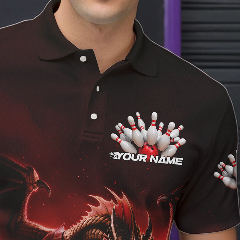 Custom Black And Red Dragon Bowling Team Polo Shirts For Men, Dragon Bowling League Shirt IPHW8549