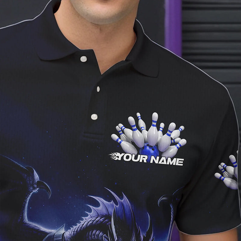 Custom Black And Blue Dragon Bowling Team Polo Shirts For Men, Dragon Bowling League Shirt IPHW8550