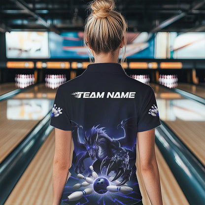 Custom Black And Blue Dragon Bowling Team Polo Shirt For Women, Dragon Bowling League Shirt IPHW8550