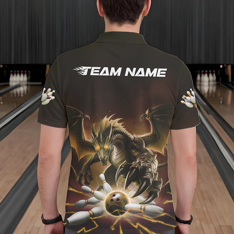 Custom Black And Yellow Dragon Bowling Team Polo Shirts For Men, Dragon Bowling League Shirt IPHW8551