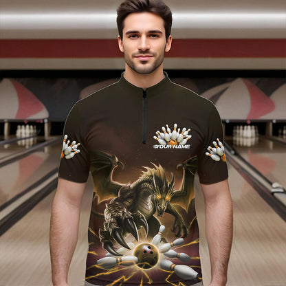 Custom Black And Yellow Dragon Bowling Team Quarter-Zip Shirts For Men, Dragon Bowling League Shirt IPHW8551