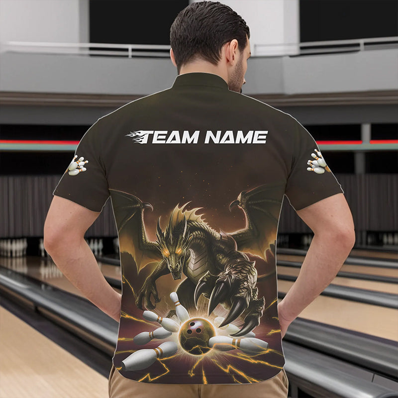 Custom Black And Yellow Dragon Bowling Team Quarter-Zip Shirts For Men, Dragon Bowling League Shirt IPHW8551