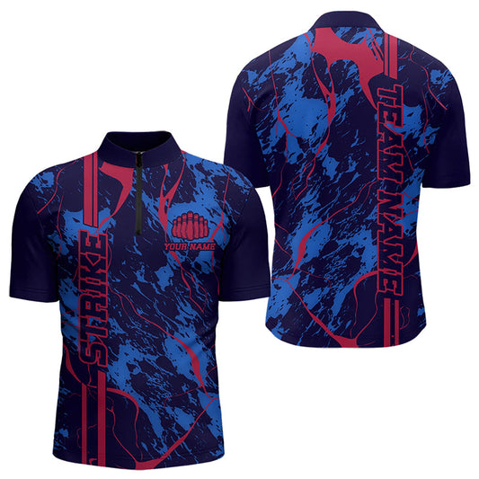 Custom Blue And Red Strike Bowling Quarter-Zip Shirts For Men, Bowling League Team Uniform IPHW8858