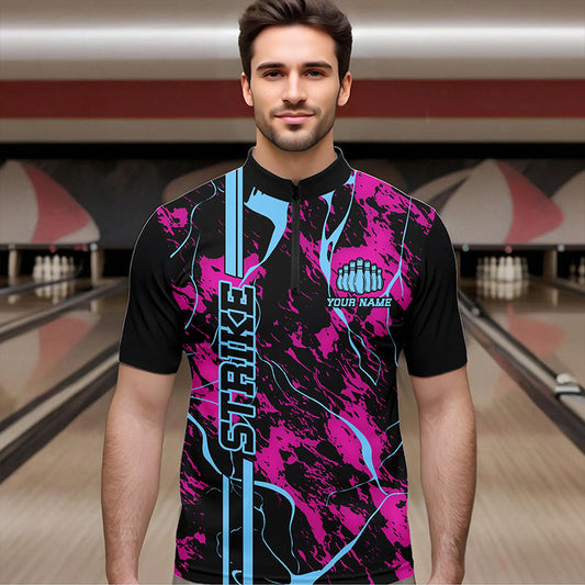 Custom Pink And Blue Strike Bowling Quarter-Zip Shirts For Men, Bowling League Team Uniform IPHW8859