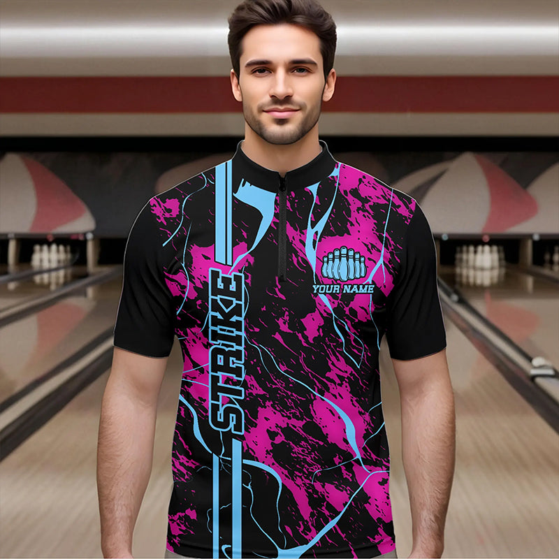 Custom Pink And Blue Strike Bowling Quarter-Zip Shirts For Men, Bowling League Team Uniform IPHW8859