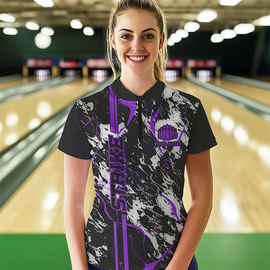 Custom Gray And Purple Strike Bowling Womens Quarter-Zip Shirt, Bowling League Team Uniform IPHW8860