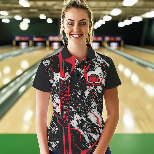 Custom Gray And Red Strike Bowling Polo Shirts For Women, Bowling League Team Uniform IPHW8861