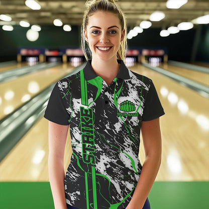 Custom Gray And Green Strike Bowling Polo Shirts For Women, Bowling League Team Uniform IPHW8862