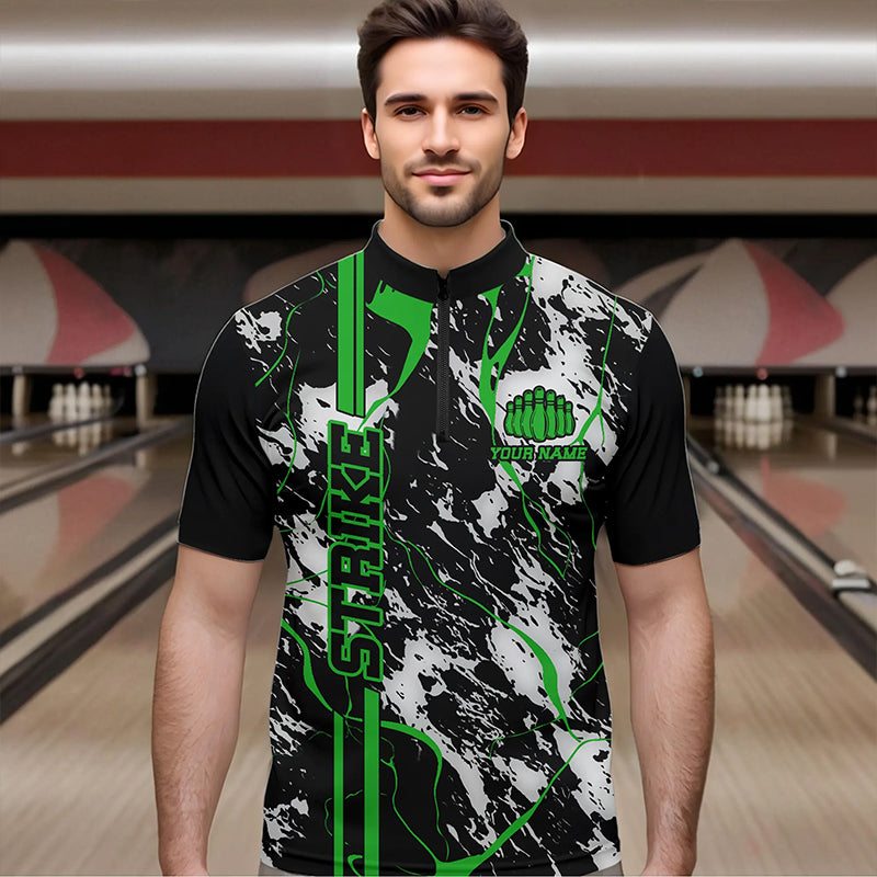 Custom Gray And Green Strike Bowling Quarter-Zip Shirts For Men, Bowling League Team Uniform IPHW8862