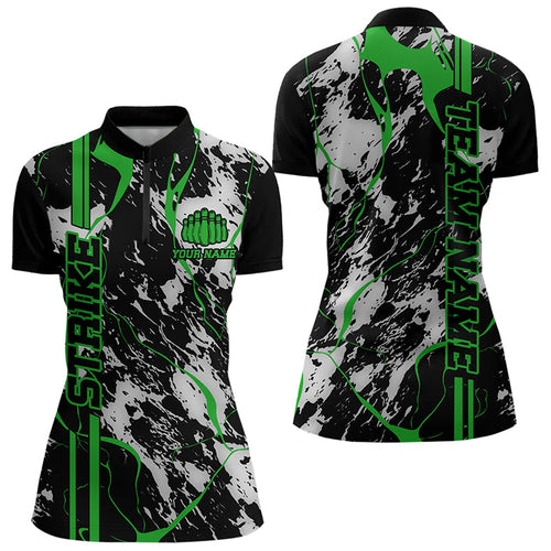 Custom Gray And Green Strike Bowling Women Quarter-Zip Shirts, Bowling League Team Uniform IPHW8862