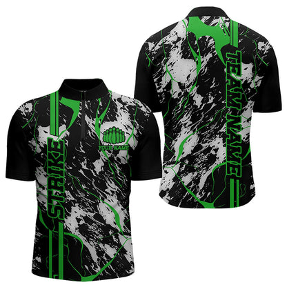 Custom Gray And Green Strike Bowling Quarter-Zip Shirts For Men, Bowling League Team Uniform IPHW8862