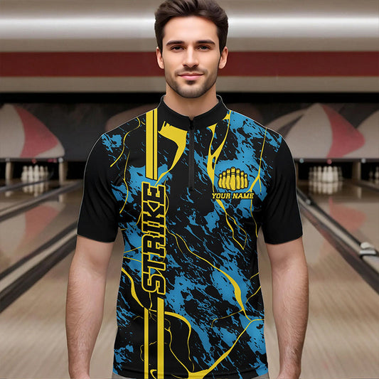 Custom Blue And Yellow Strike Bowling Quarter-Zip Shirts For Men, Bowling League Team Uniform IPHW8863