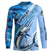 Load image into Gallery viewer, Custom Marlin Fishing Long Sleeve Shirts, Marlin Saltwater Fishing Jerseys | Blue Camo IPHW6373