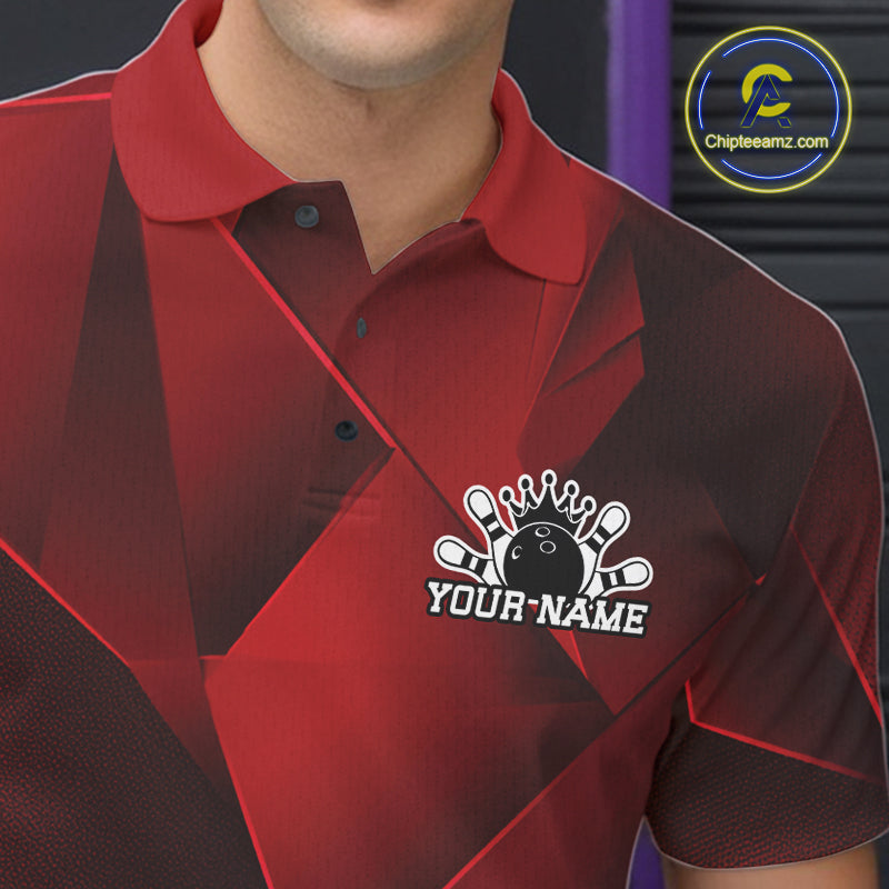 Red and black polo shirt with a bowling design and 'Your Name' text on a blurred background.