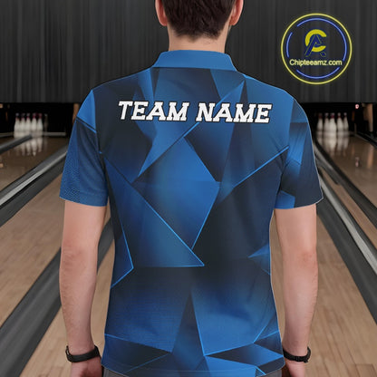 Person wearing a blue bowling shirt with 'TEAM NAME' on the back in a bowling alley.