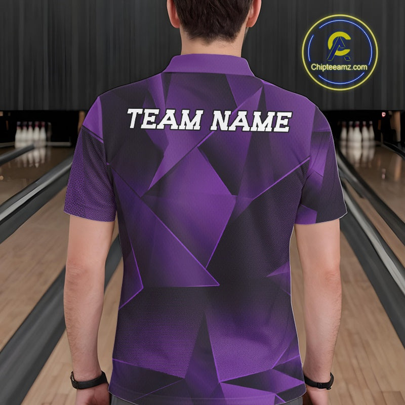 Person wearing a purple bowling shirt with 'TEAM NAME' on the back in a bowling alley.