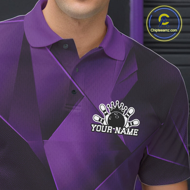 Purple and black polo shirt with a logo and text on a dark background